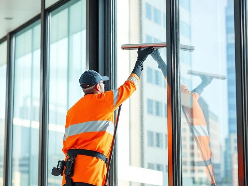 Ein Mann reinigt e in Glasfenster